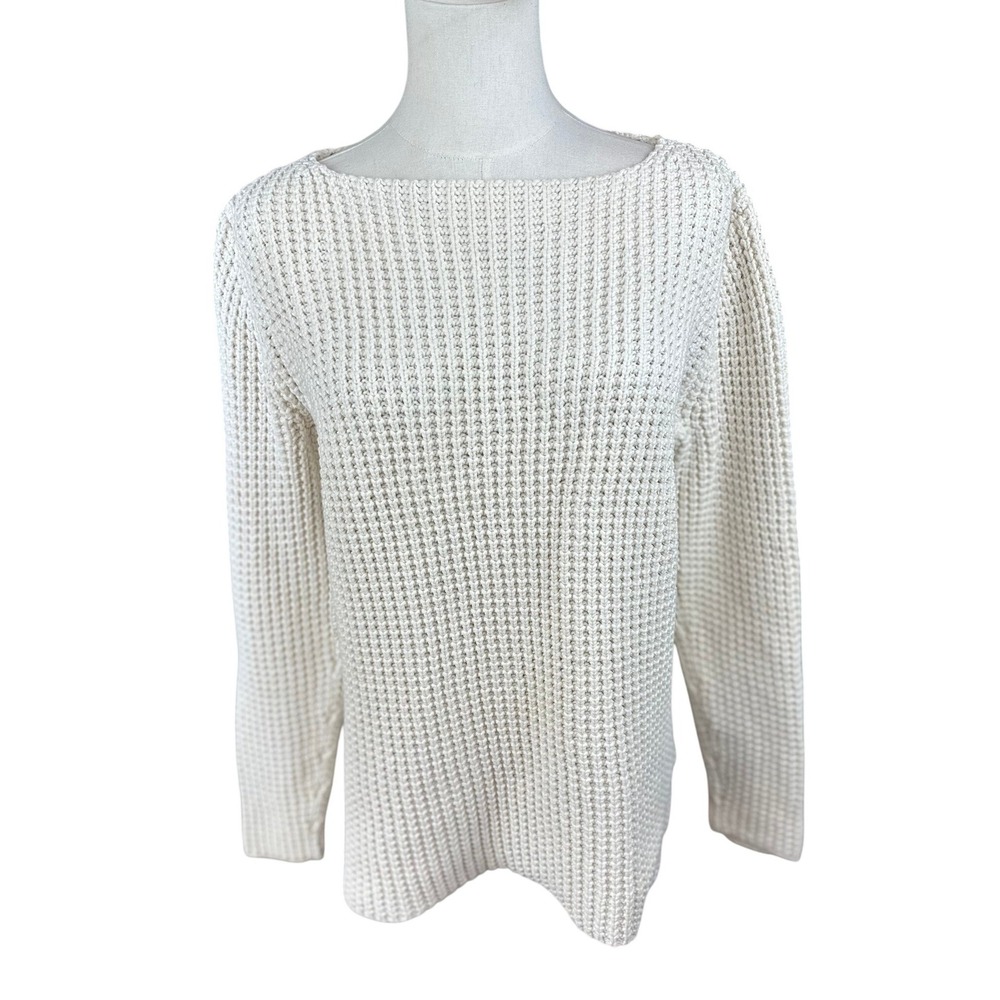 Lauren Ralph Lauren VTGE MED Fisherman Sweater Ivory Cotton Shaker Boat Neck
